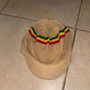 R.W. Beige Mesh Rasta Visored Beanie Hat with Red Yellow Green Stripes